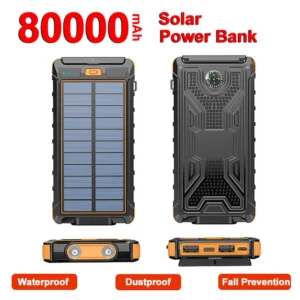 Zonne-Energie Bank Snel Opladen Draagbare 80000Mah Oplader – Portable Power Bank with Solar Panel and Flashlight